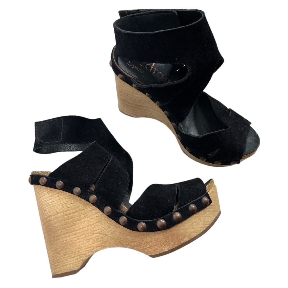 Pedro Garcia Black Suede Wooden Wedge Sandals with Studs
